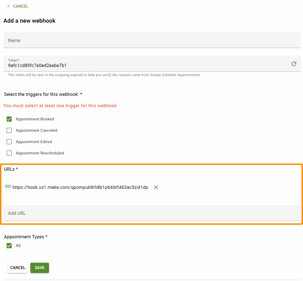 Configuring a new webhook in SSA
