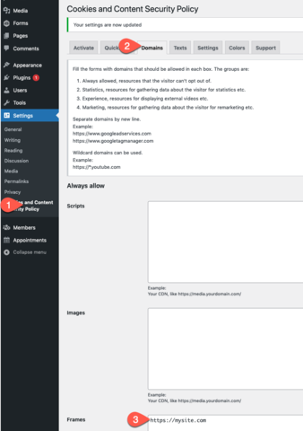 Screenshot depicting CCSP plugin settings and the URL field to fix the Content can't be loaded error.