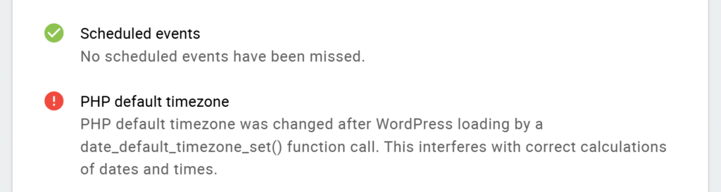 Support Tab depicting the PHP Default timezone error.