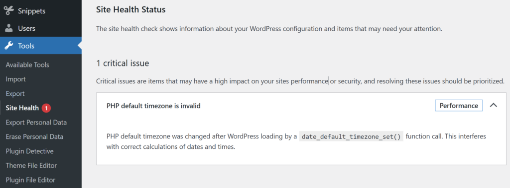 Site Health displaying the PHP Default timezone error.
