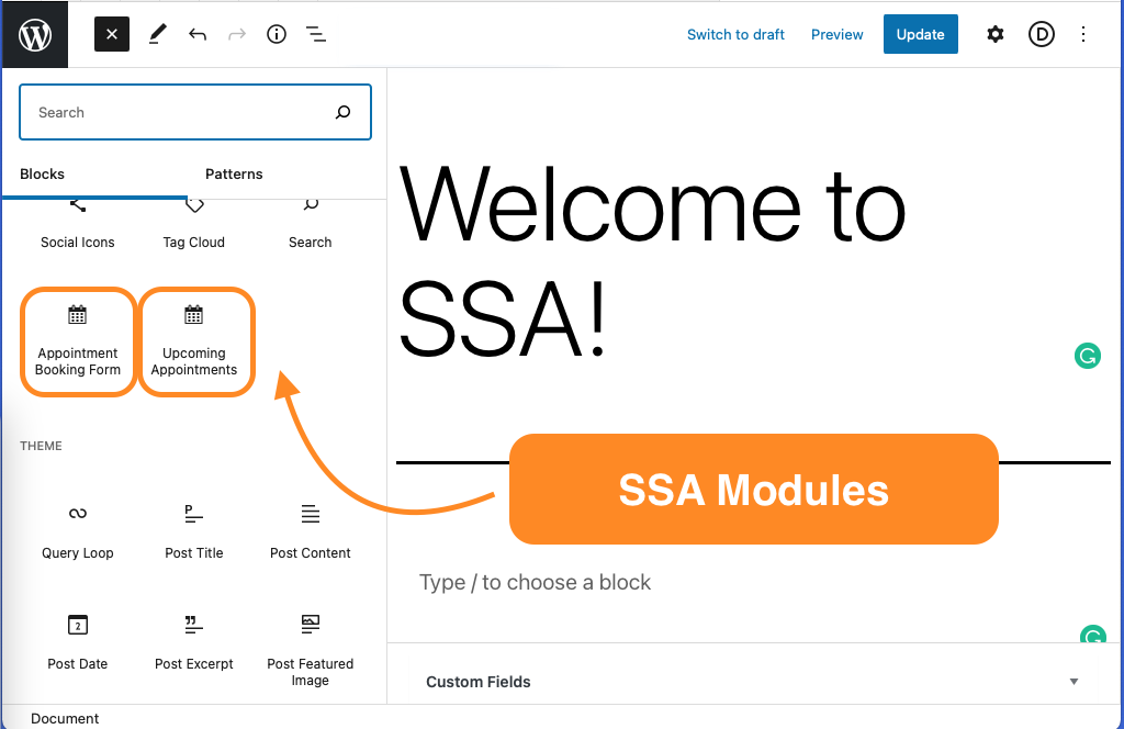 Screenshot depicting where SSA modules are located in the WordPress Block Editor module.