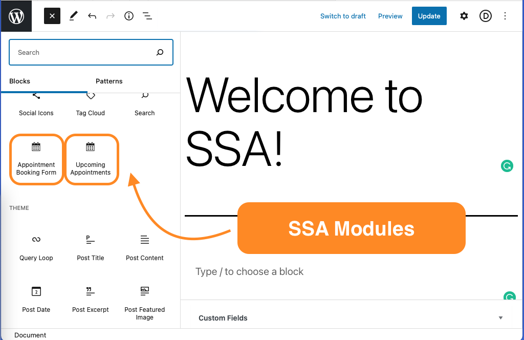 The Simply Schedule appointments highlighted and listed under the blocks selection screen.