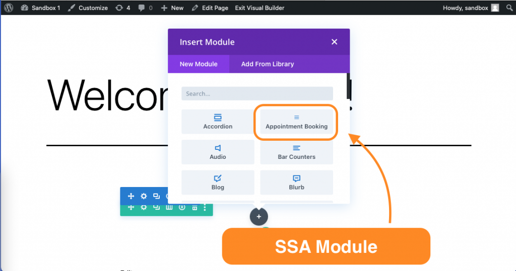 Appointment booking module highlighted in the Divi Visual Builder.