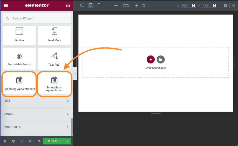 Screenshot depicting where to locate the SSA Modules in Elementor's widget area.