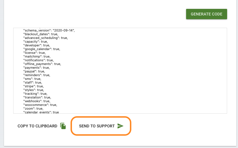 Screenshot depicting how to send Export code to Support.
