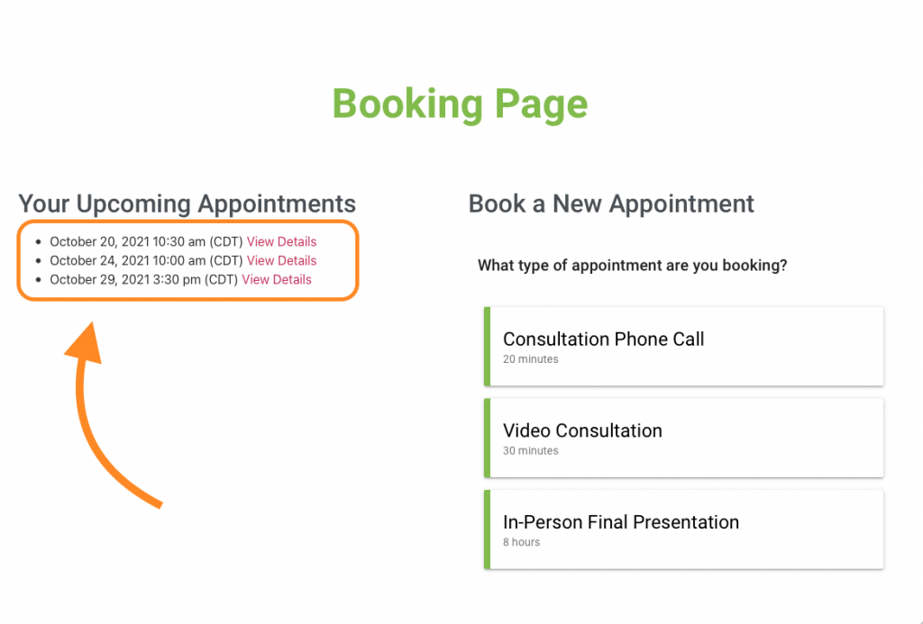 Screenshot depicting the Upcoming Appointments module in action listing out appointments. Changing booked appointments can be done from here.