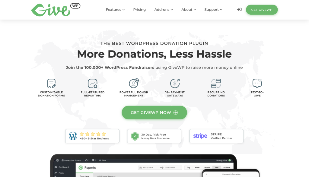 Screenshot of GiveWP homepage, a WP e Commerce PayPal plugin