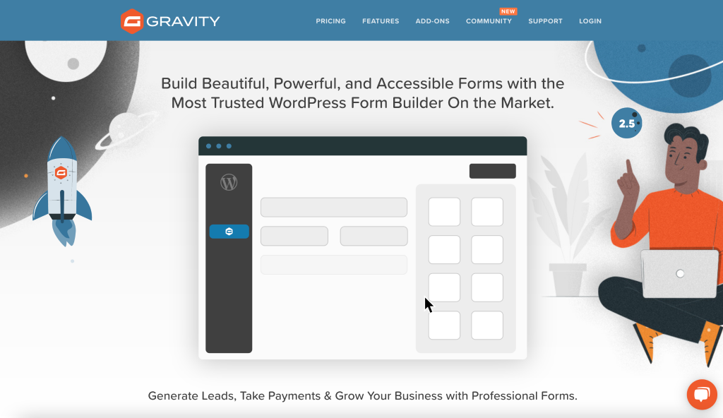 Screenshot of Gravity Forms' homepage, a WP e Commerce PayPal plugin