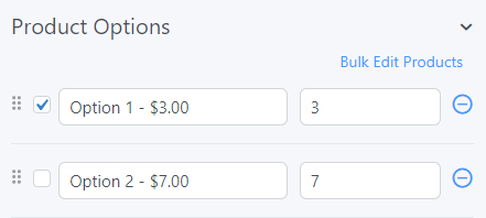 Screenshot depicting Product Options fields