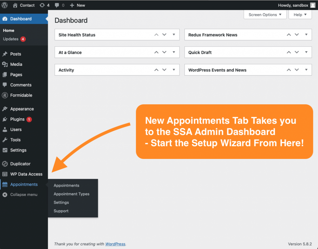 The WordPress dashboard with an arrow pointing towards the new Appointments tab after activating the new premium plugin