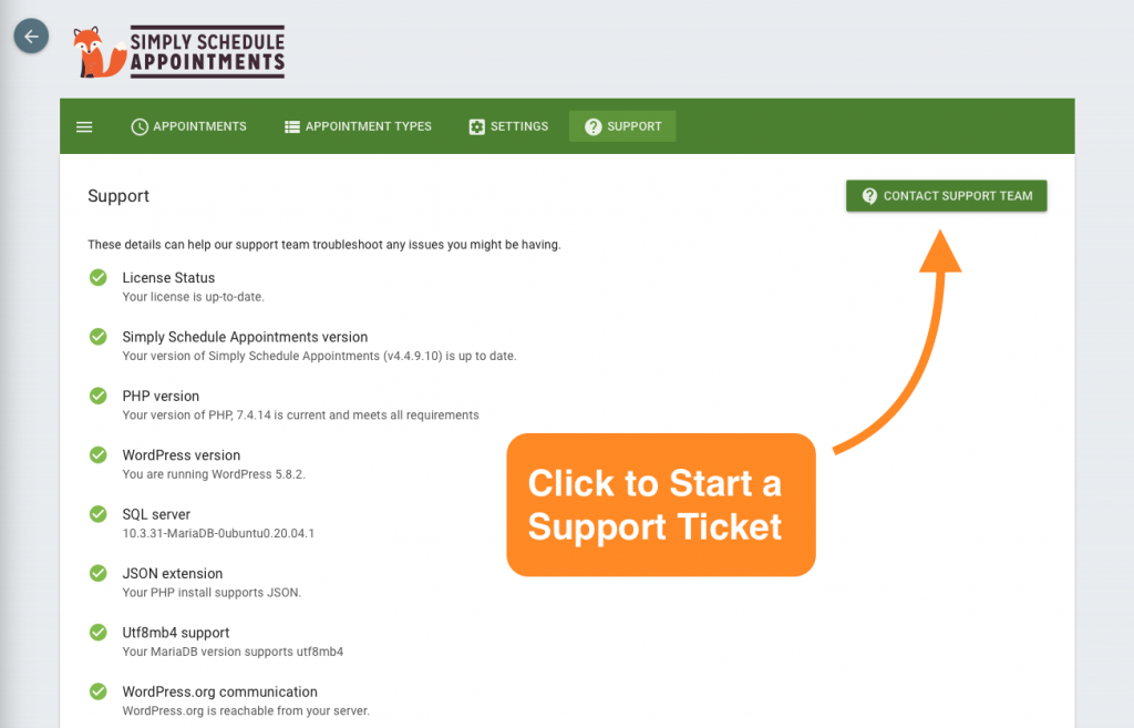 Screenshot depicting where to locate the Contact Support Team button to open a ticket.