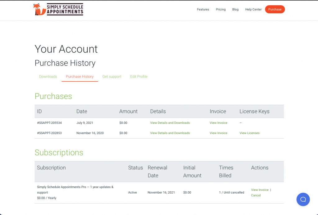 Screenshot depicting the Purchase History of Your Account. This is where you can see if your subscription and license key are expiring.