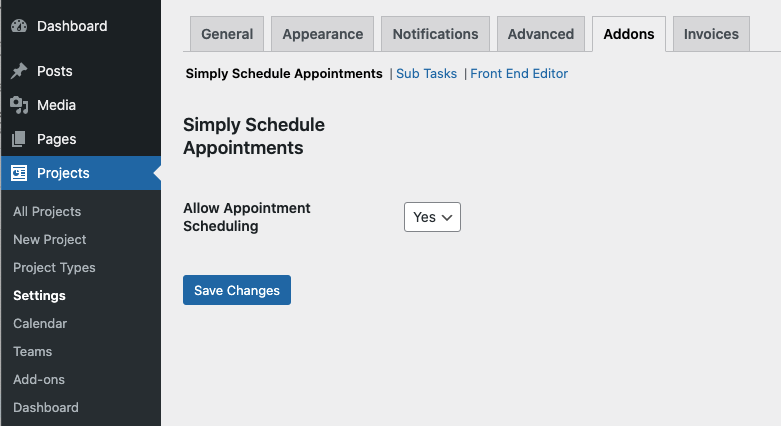 Projects within the Wordpress admin displaying SSA addons settings.