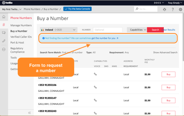 Form to request a number from Twilio