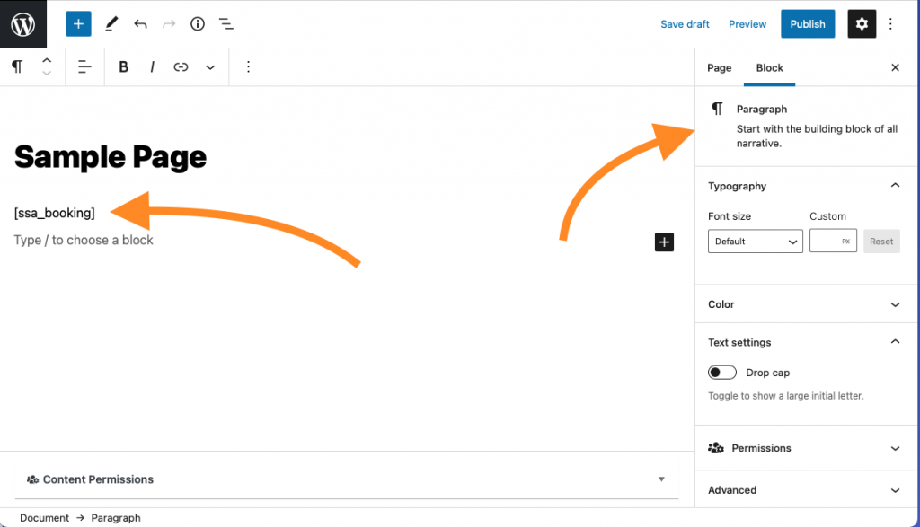 Screenshot depicting a shortcode being added to a paragraph block in the wordpress block editor to display the booking calendar.