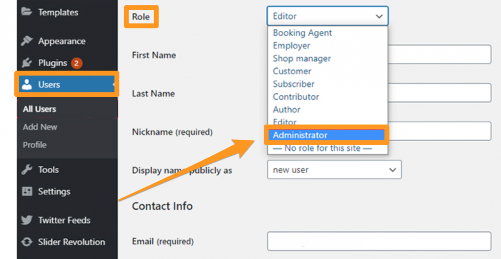 Screenshot of the WP user management screen showing how to change a user's permissions