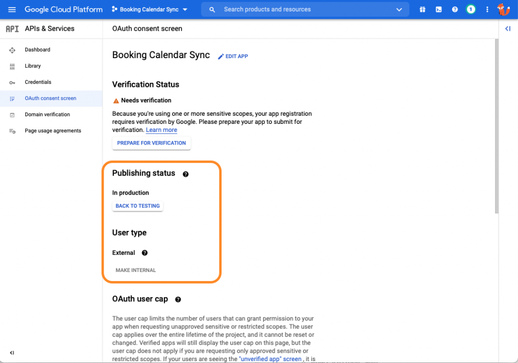 Adjusting the OAuth Consent Screen in the Google API Dashboard to In Production and External