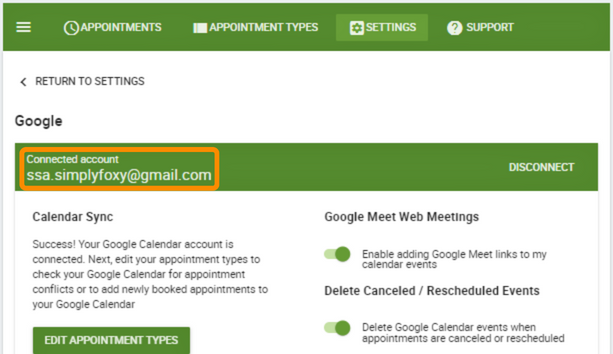 Email Address Under the Connected Account Header in the Google Calender Settings