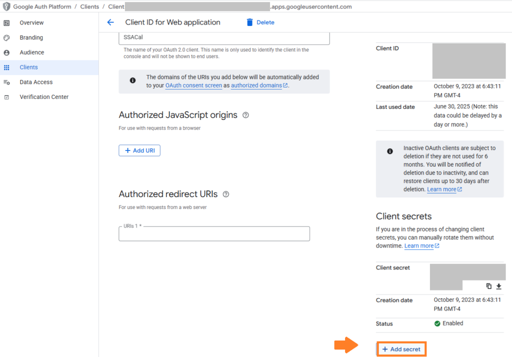 For Step 3, the Add Secret is towards the bottom-right of the page under Client Secrets.