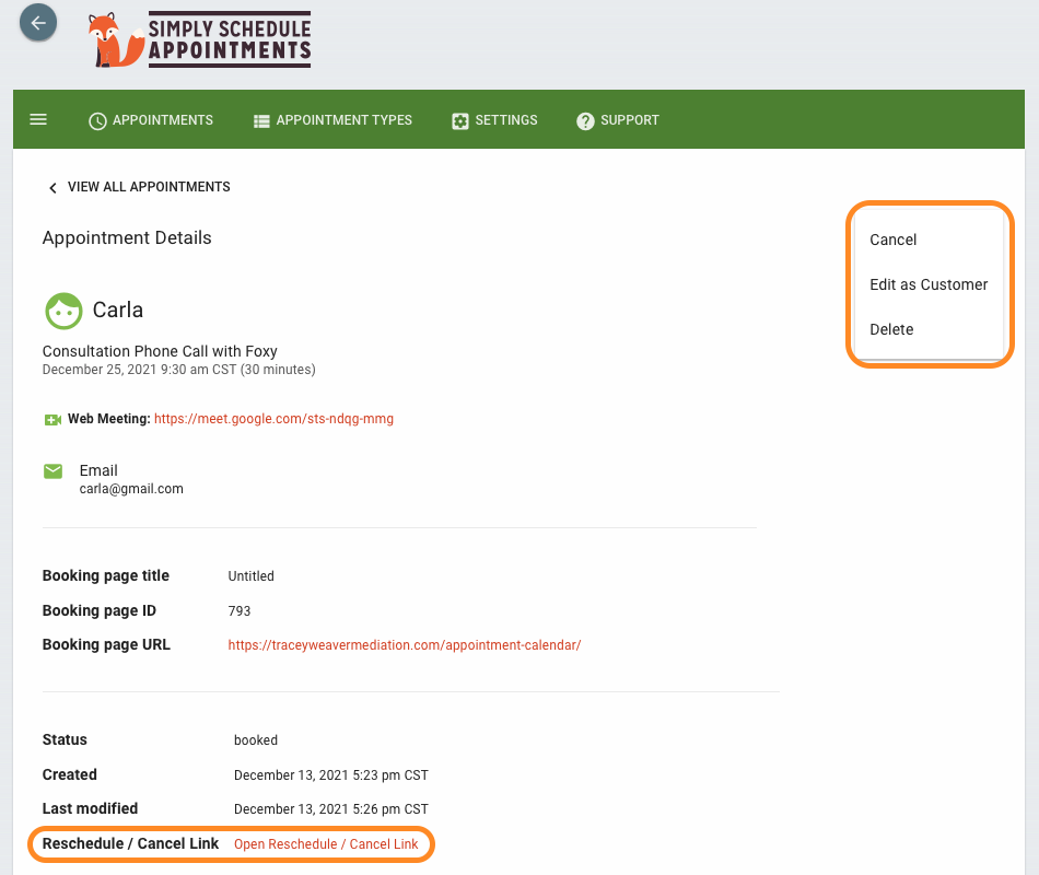 Highlighting the Appointment Actions links in the Appointment Details Page