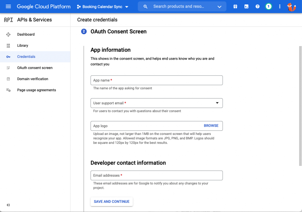 OAuth Consent Screen Setup page on the Google API Dashboard