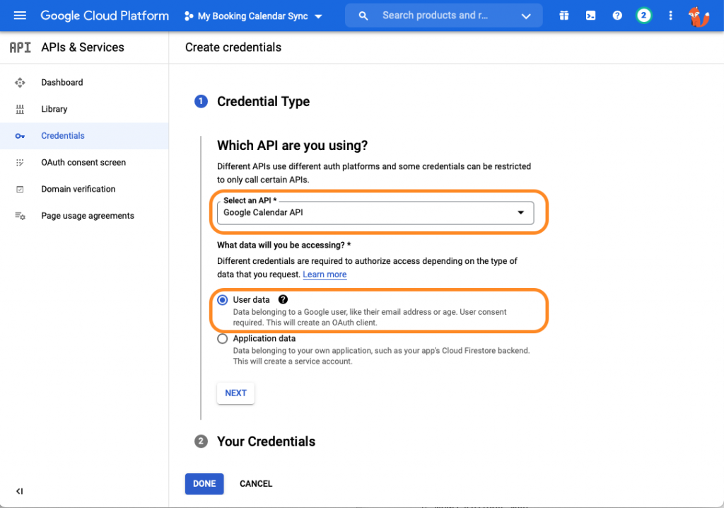 Selecting the Credential Type and Data Access permissions in the Google API Dashboard for creating the google calendar client id.