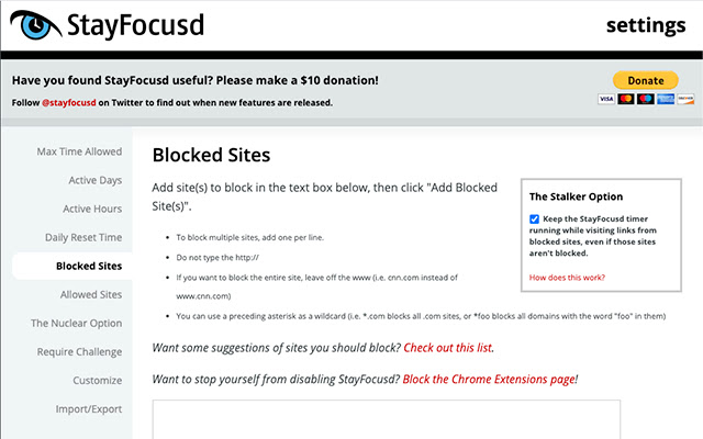 Screenshot of the StayFocusd settings page for blocked sites