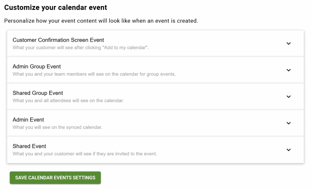 The list of the Google Event customization tabs