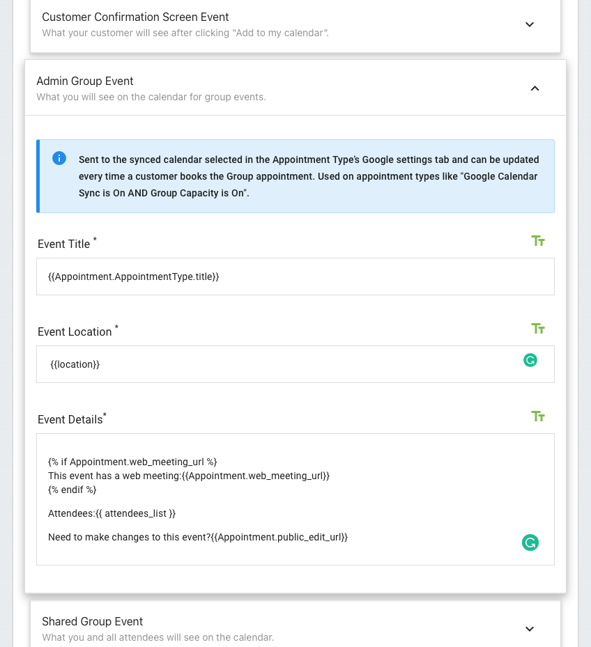 The Group Event Editor displaying the Event Title, Location, and Detail fields