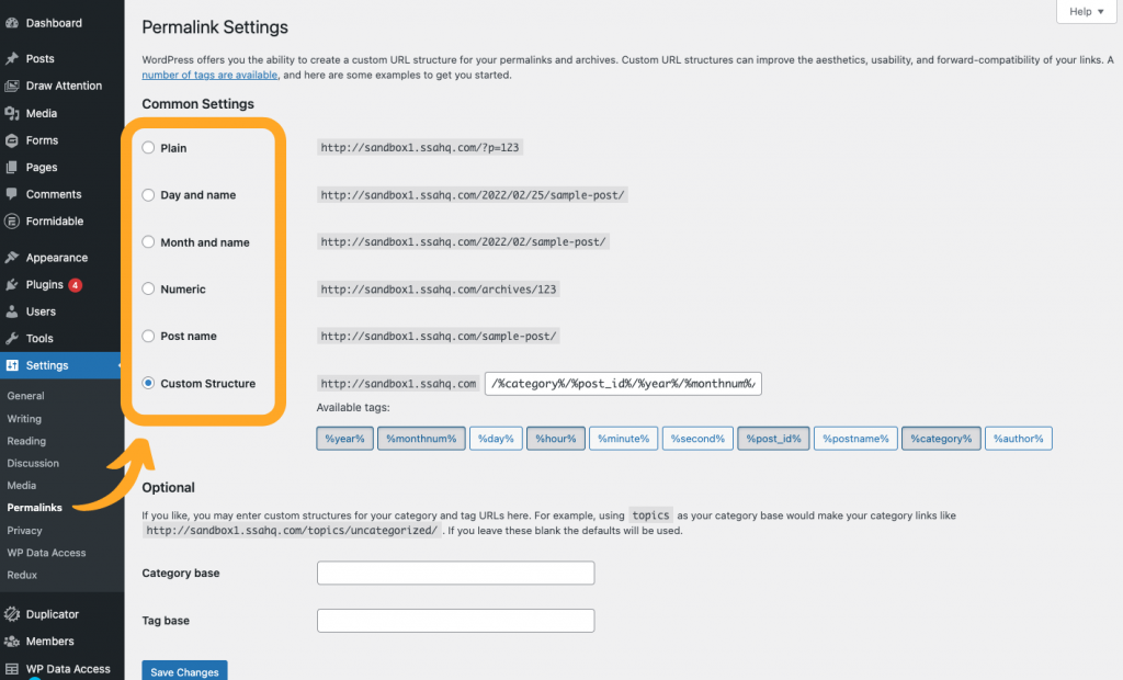 Screenshot of WordPress Permalink Settings page with an arrow pointing to a box outlining common settings. The 'Plain' setting can pertain to when the admin app or booking app never loads.