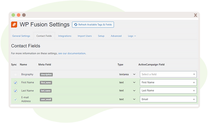 Custom Fields section within WP Fusion