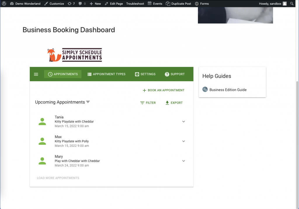 The SSA Admin Dashboard embedded on a WordPress page