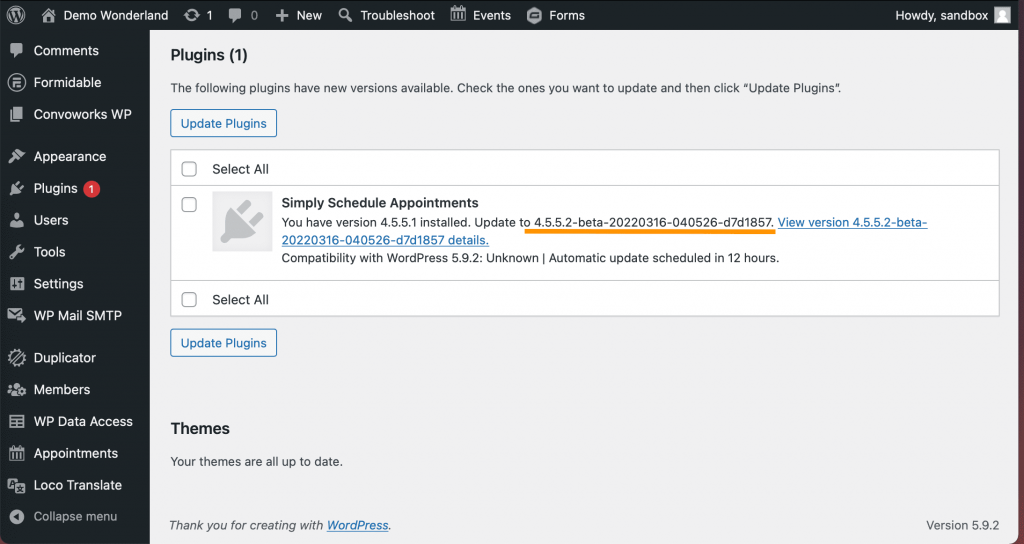Highlighting the beta version in the latest update for Simply Schedule Appointments on the WordPress Updates page