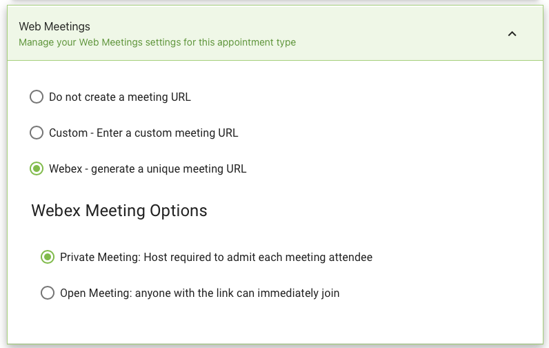 Using the Webex Web Meeting link option to generate a private or open meeting link for appointments