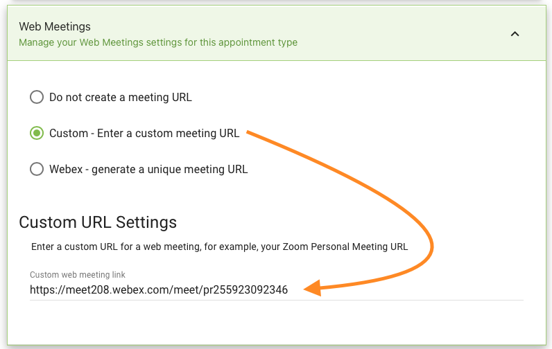 Using the Custom Web Meeting link option and entering the Webex personal room link