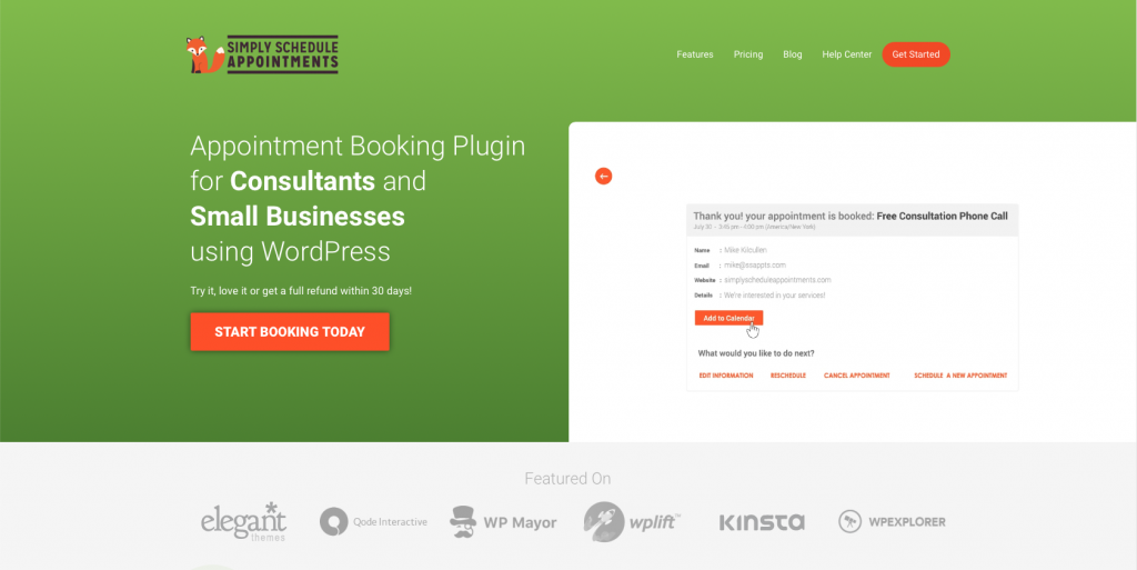 The Simply Schedule Appointments Homepage, a booking plugin for WordPress