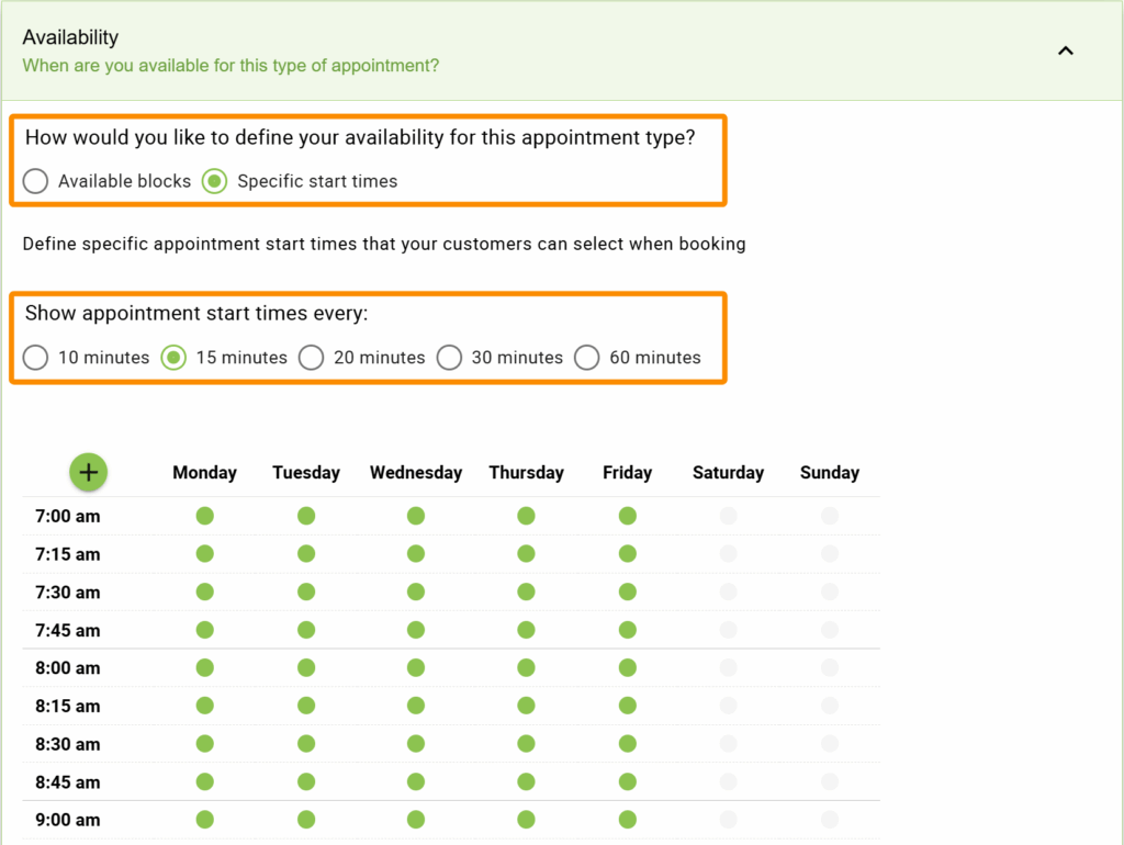 Appointment Type Availability Settings depicting how to define the availability and the start times to help in overlapping bookings.
