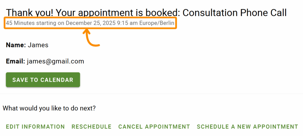 Updated message to display on the booking confirmation page with CSS changes