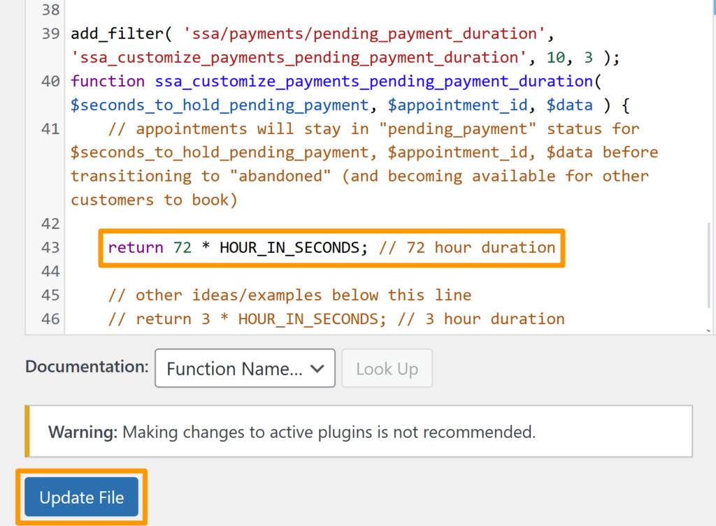 Screenshot shows the option to adjust Pending Payment duration