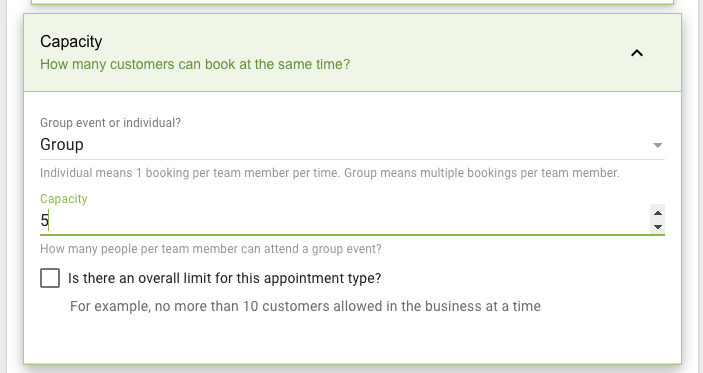 The capacity setting for Group events