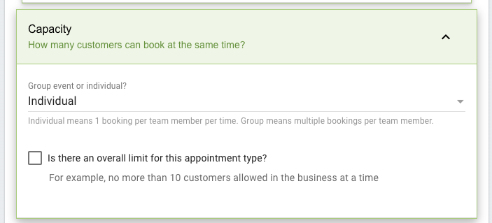 Individual Capacity setting for Appointment Types with Teams enabled