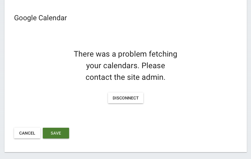 The Team member interface showing an error relating to Google Calendar sync and prompting the user to Disconnect.