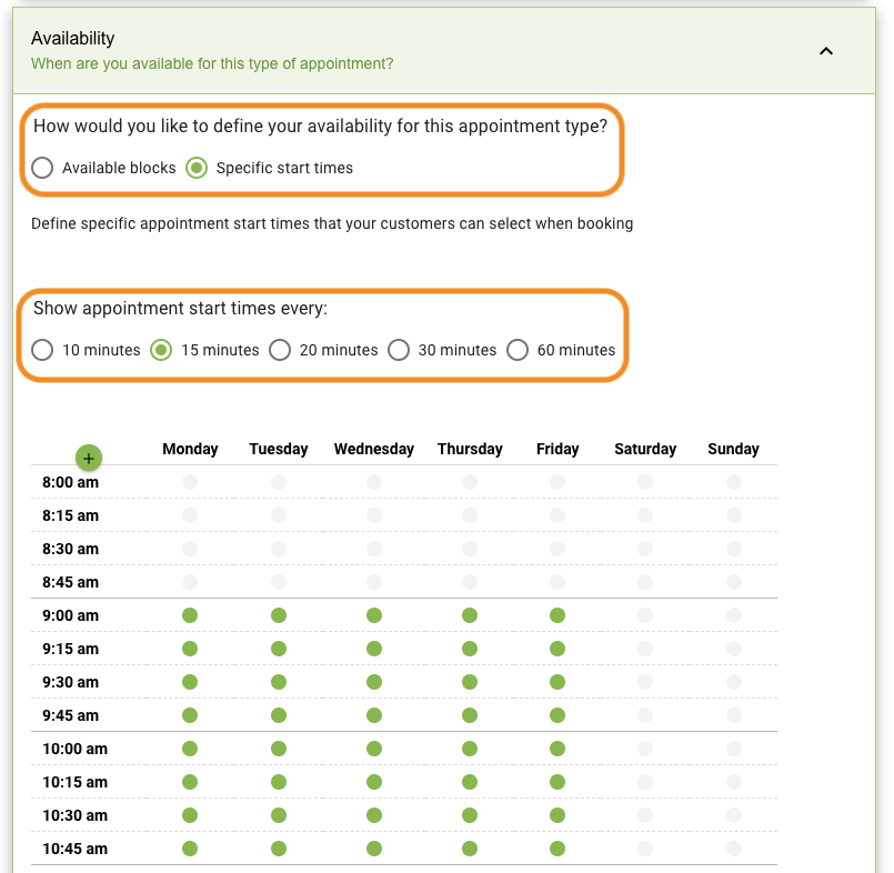 Appointment Type Availability Settings depicting how to define the availability and the start times to help in overlapping bookings.