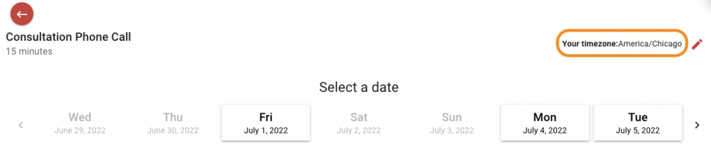Date selection screen, timezone outlined; hiding the header of the timezone.