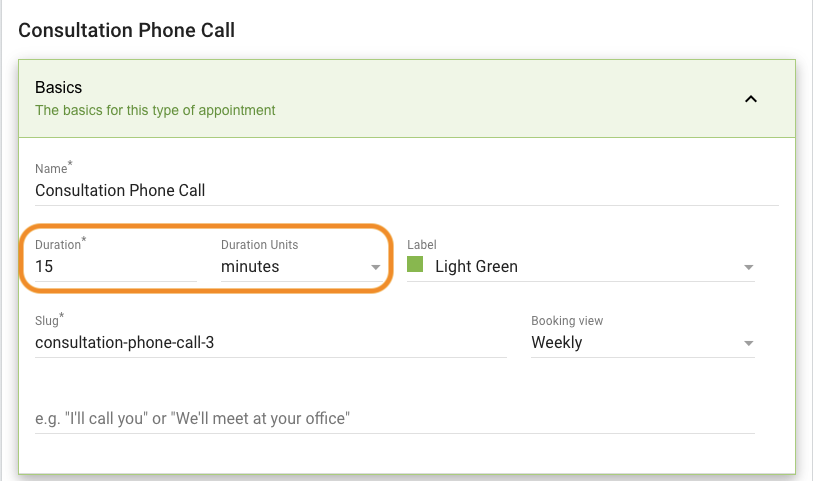 Basic Settings overview with Duration section outlined