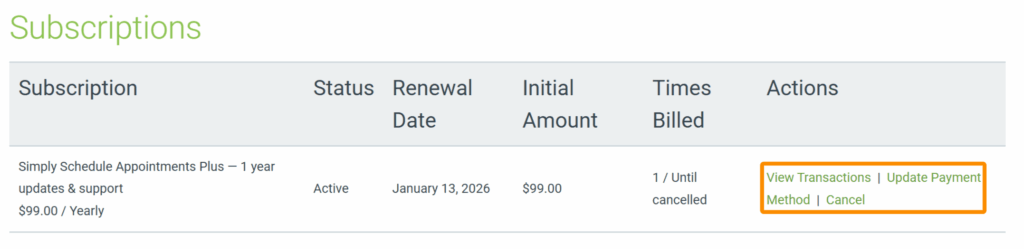 Subscriptions section of account, displaying the subscription and the View Transaction link to access.