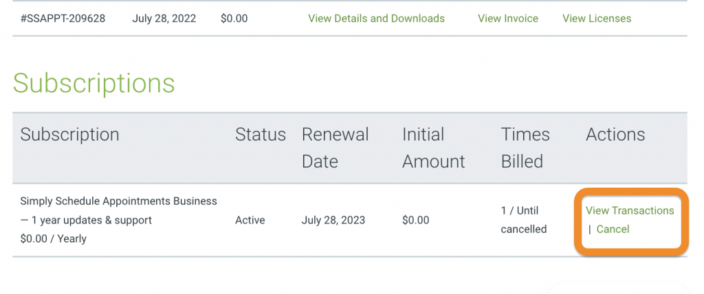 Subscriptions section of account, displaying the subscription and the View Transaction link to access.