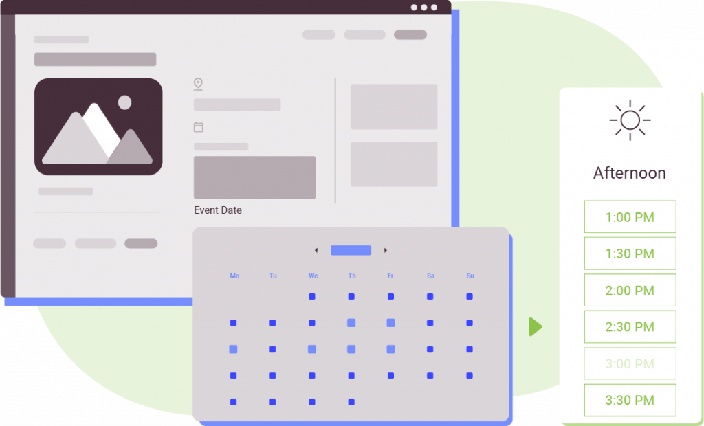 Mockup of an events booking page with a calendar that leads to a time slot selection screen.