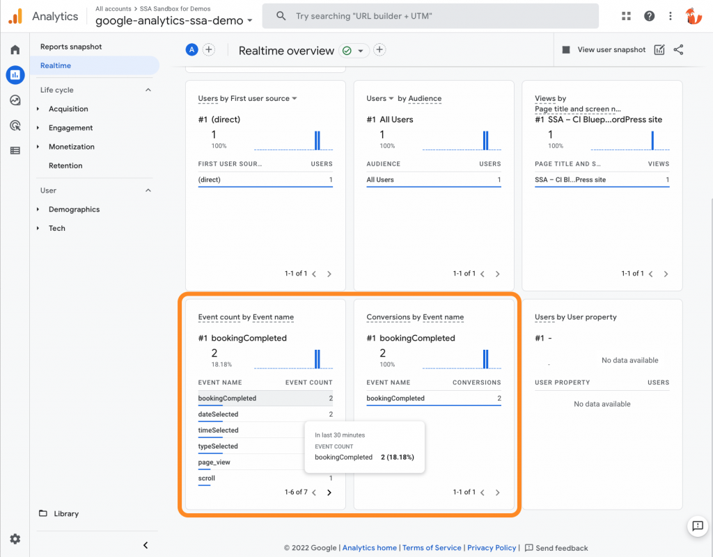 Viewing the SSA custom events in realtime using the Google Analytics Realtime reporting feature