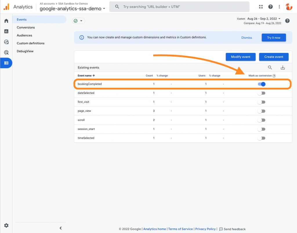 Marking a custom SSA event as a conversion in the Google Analytics' Configure screen.